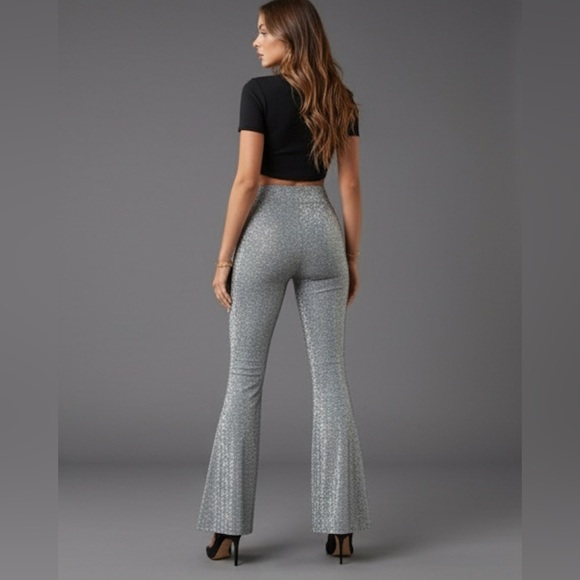 Silver High Waist Flare Leg Metallic Pants - Picture 6 of 9